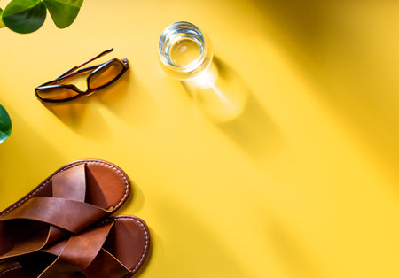 Summer sunlight shadows on sandals, sunglasses and a glass of water on yellow background, top view. Beach concept.の写真素材