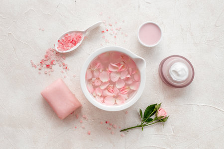 Spa and beauty routine concept with pink roses and essence water with petals, top viewの写真素材