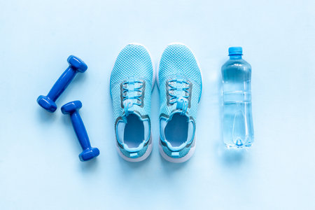 Fitness sports equipment flat lay. Healthy living and wellness concept.の写真素材