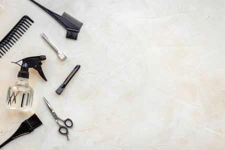 Beauty concept. Hairdresser and barber accessories and tools, top view.の写真素材