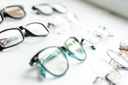 Many different styles of eyeglasses with lenses on white. Eye care and protection concept.の写真素材