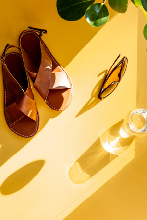 Sandals and sunglasses with sunlight shadow and green leaves on a yellow background, top view.の写真素材