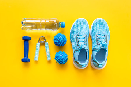 Still life of group sports equipment for fitness and healthy living, wellness concept, top view.