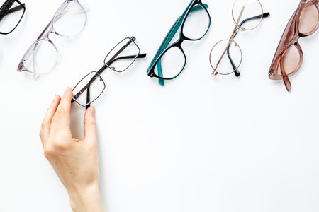 Hand is holding one of many different styles of eyeglasses with lenses on white. Eye care and protection concept.の写真素材