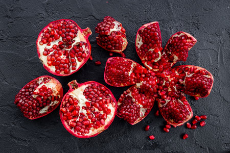 Fresh ripe pomegranate with half and pieces ready for eating. Top viewの写真素材