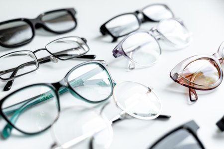 Set with different eyeglasses with lenses isolated on whiteの写真素材