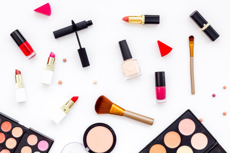 Makeup tools and cosmetics products, top viewの写真素材