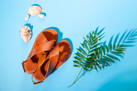 Vacation beach accessories with sunlight shadows. Sandals and tropical leaves, top view.の写真素材