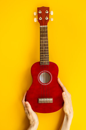 Hand is holding red small guitar ukulele. Musical instrument.の写真素材