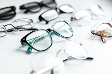 Eye care concept. Group of glasses on white background.の写真素材