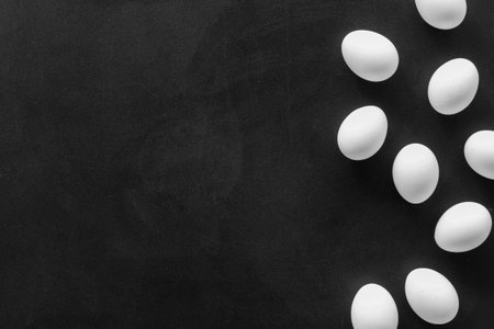 Background of chicken eggs, top view. Food pattern. Easter background.の写真素材