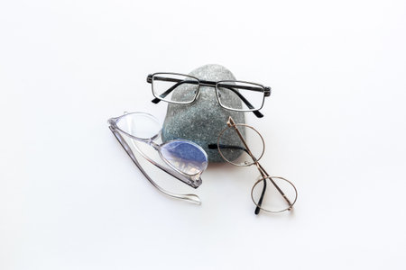 Set of stylish glasses, top view. Eye care concept.の写真素材