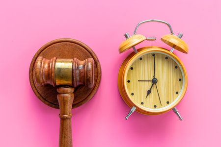 Alarm clock judges gavel, top view. Deadline and time management concept.の写真素材