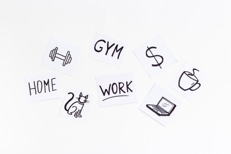 Life balance concept. Many paper cards with hand drawing of different life activities.
