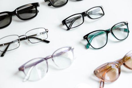Many different styles of eyeglasses with lenses on white. Eye care and protection concept.