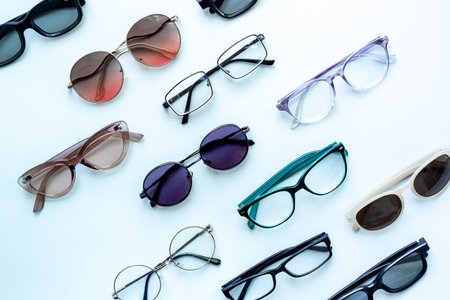 Set with different eyeglasses with lenses. Eye care concept.
