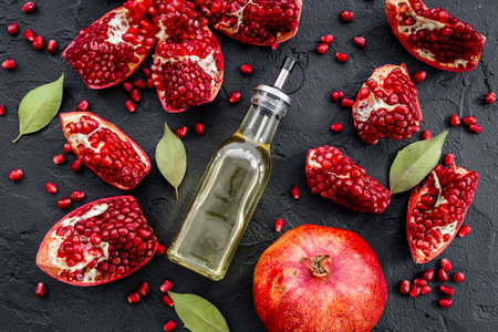 Pomegranate seed oil in a glass bottle and fresh fruit on a table, top view.の写真素材
