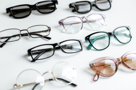 Eye care concept. Group of glasses on white background.の写真素材