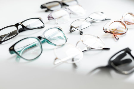 Set with different eyeglasses with lenses isolated on white background.の写真素材