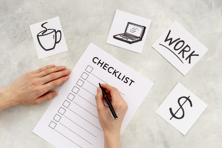 Hand writes in Checklist and many paper cards with hand drawing of different life activities, top...
