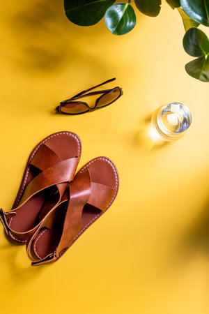 Summer sunlight shadows on sandals, sunglasses and a glass of water on yellow background, top view. Beach concept.の写真素材