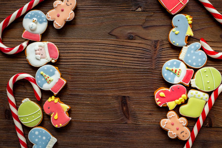 Frame of Christmas and New Year homemade cookies, top view.の写真素材