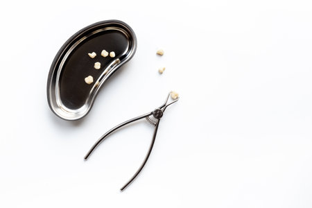 Dental equipment tools for teeth care on white background. Professional Dentist desktop, top view.の写真素材