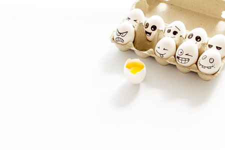 Eggs with different facial expressions. Concept of human emotions. Communication and comments on...
