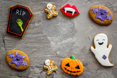Halloween cookies in a shape of tombstone, with sign R.I.P. Halloween conceptの写真素材