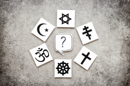 World religious symbols - Christianity cross, Islam crescent, Buddhism dharma wheel, Hinduism aum, Judaism David star top view.の写真素材