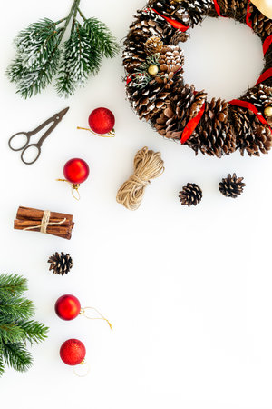 Christmas wreath with accessories, top view. New Year DIY decoration.の写真素材