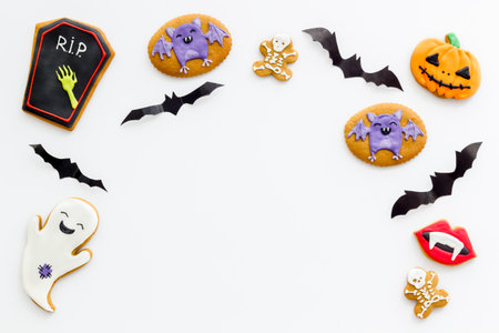 Sweets for Halloween party. Funny gingerbread biscuits top view.の写真素材