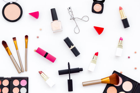 Makeup tools and cosmetics products, top view.の写真素材
