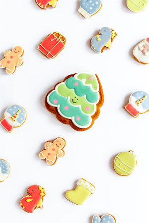 Set of different Christmas and New Year gingerbread cookies, top view.の写真素材
