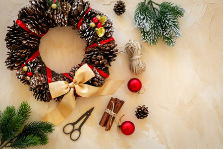 Christmas wreath with accessories, top view. New Year DIY decoration.の写真素材