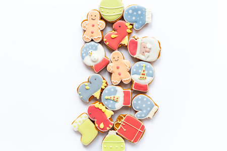 Set of different Christmas and New Year gingerbread cookies, top view.の写真素材