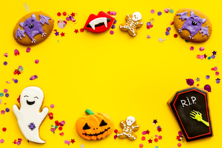Funny Halloween gingerbread biscuits, homemade cookies, top view.の写真素材