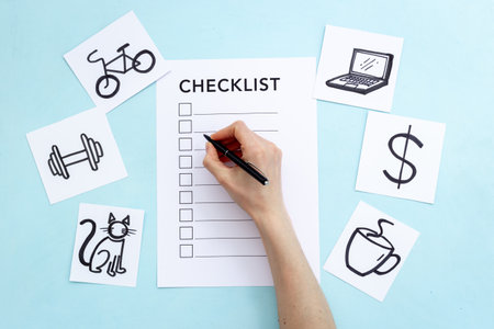 Hand writes in Checklist and many paper cards with hand drawing of different life activities, top view. Life balance and planning conceptの写真素材