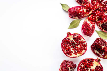 Fresh ripe pomegranate with cut in half and pieces, isolated on white background, top viewの写真素材