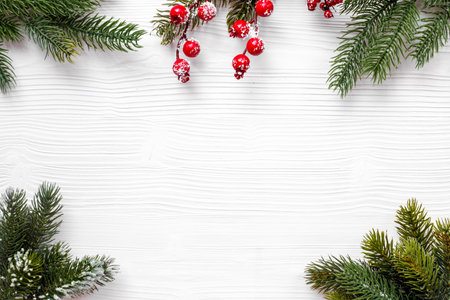 Christmas border with fir tree branches. Festive New Year layout.の写真素材