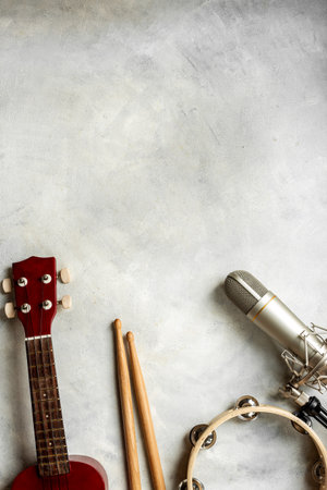Different musical instruments with studio microphone. Recording music in studio concept.の写真素材
