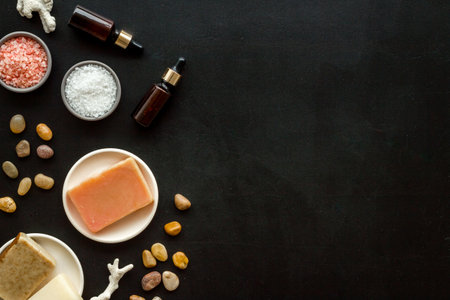 Set of body care cosmetics products with essential oil scrubs and sea salt, top view. Aromatherapy spa products.の写真素材