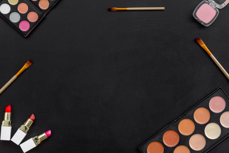 Makeup tools and cosmetics products, top view.の写真素材