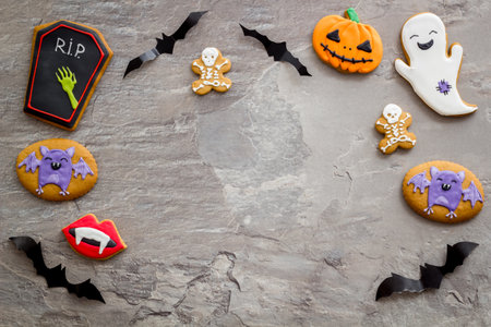 Funny Halloween gingerbread biscuits, homemade cookies, top view.の写真素材