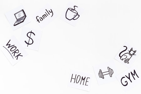 Life balance concept. Many paper cards with hand drawing of different life activities.の写真素材