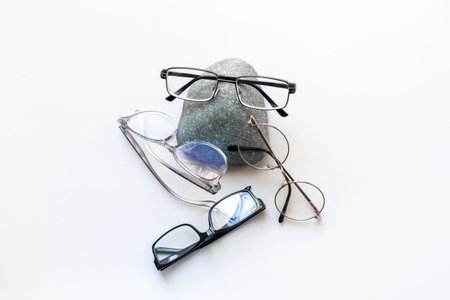 Set of stylish glasses, top view. Eye care concept.の写真素材