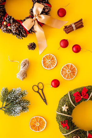 New Year DIY decoration - Christmas wreath with accessories, top view.の写真素材