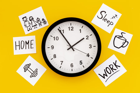 Wall clock and many paper cards with hand drawing of different life activities, top view. Time...