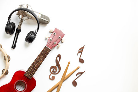 Different musical instruments with studio microphone. Recording music in studio concept.
