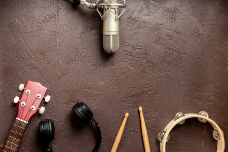 Different musical instruments with studio microphone. Recording music in studio concept.の写真素材